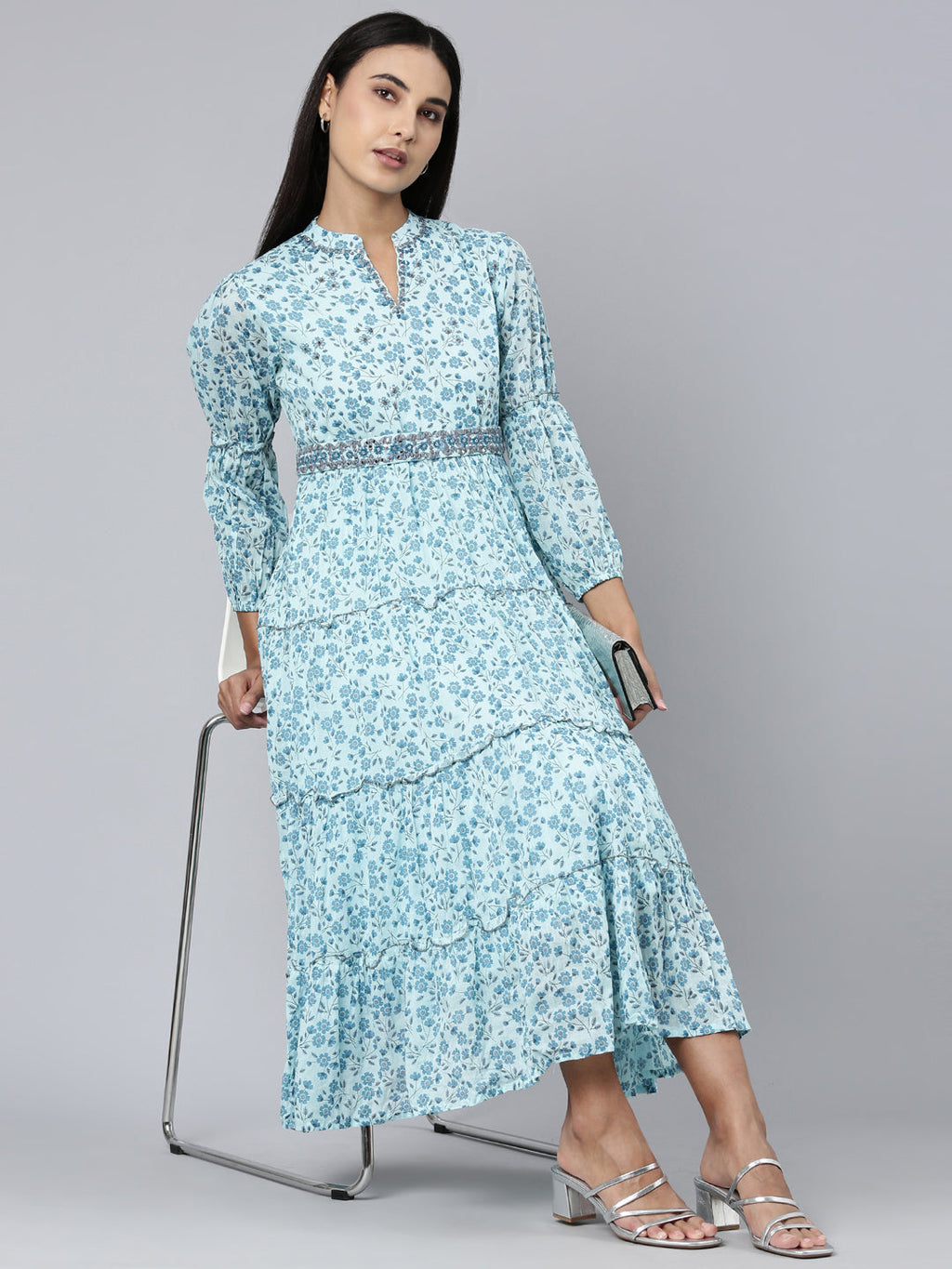 Women's Blue Floral Printed Mandarin Collar Puff Sleeve Cotton Fit and Flare Dress