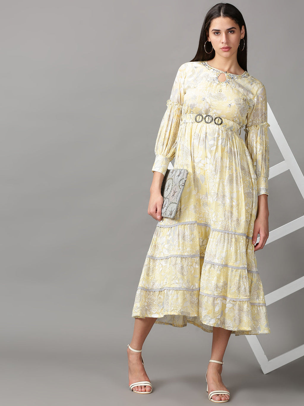 Women's Yellow Floral Keyhole Neck Cotton Fit & Flare Dress