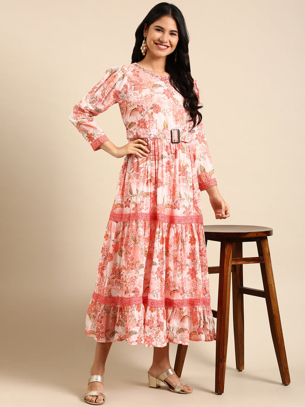 Women's Peach Floral Printed Belted Detail Anarkali Kurta