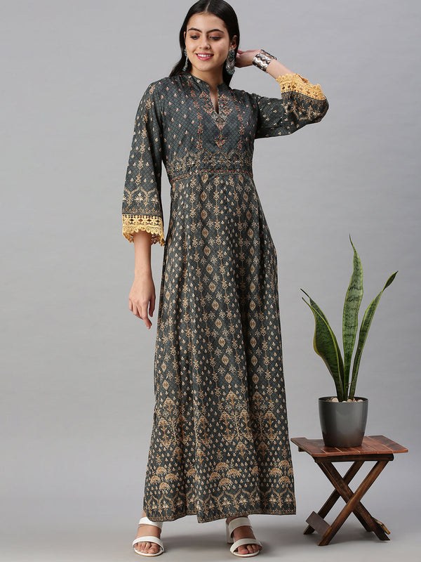Women's Green Ethnic Motifs Printed Anarkali Kurta