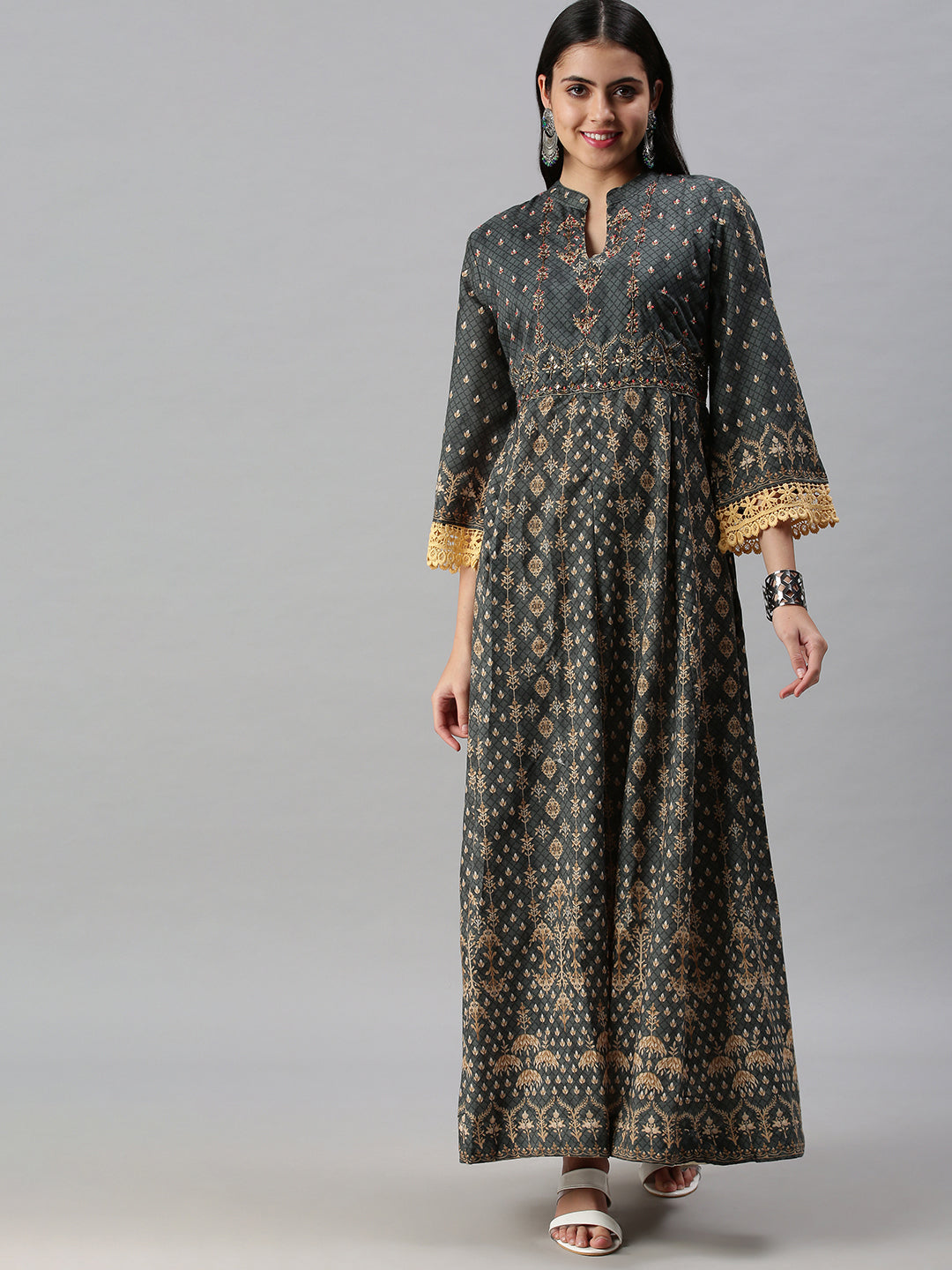 Women's Green Ethnic Motifs Printed Anarkali Kurta