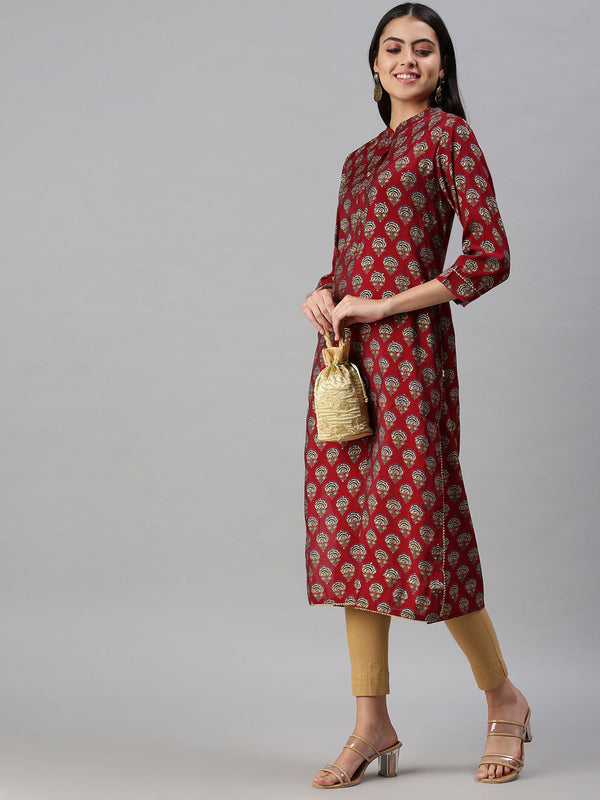 Women's Maroon Ethnic Motifs Cotton Printed Straight Kurta
