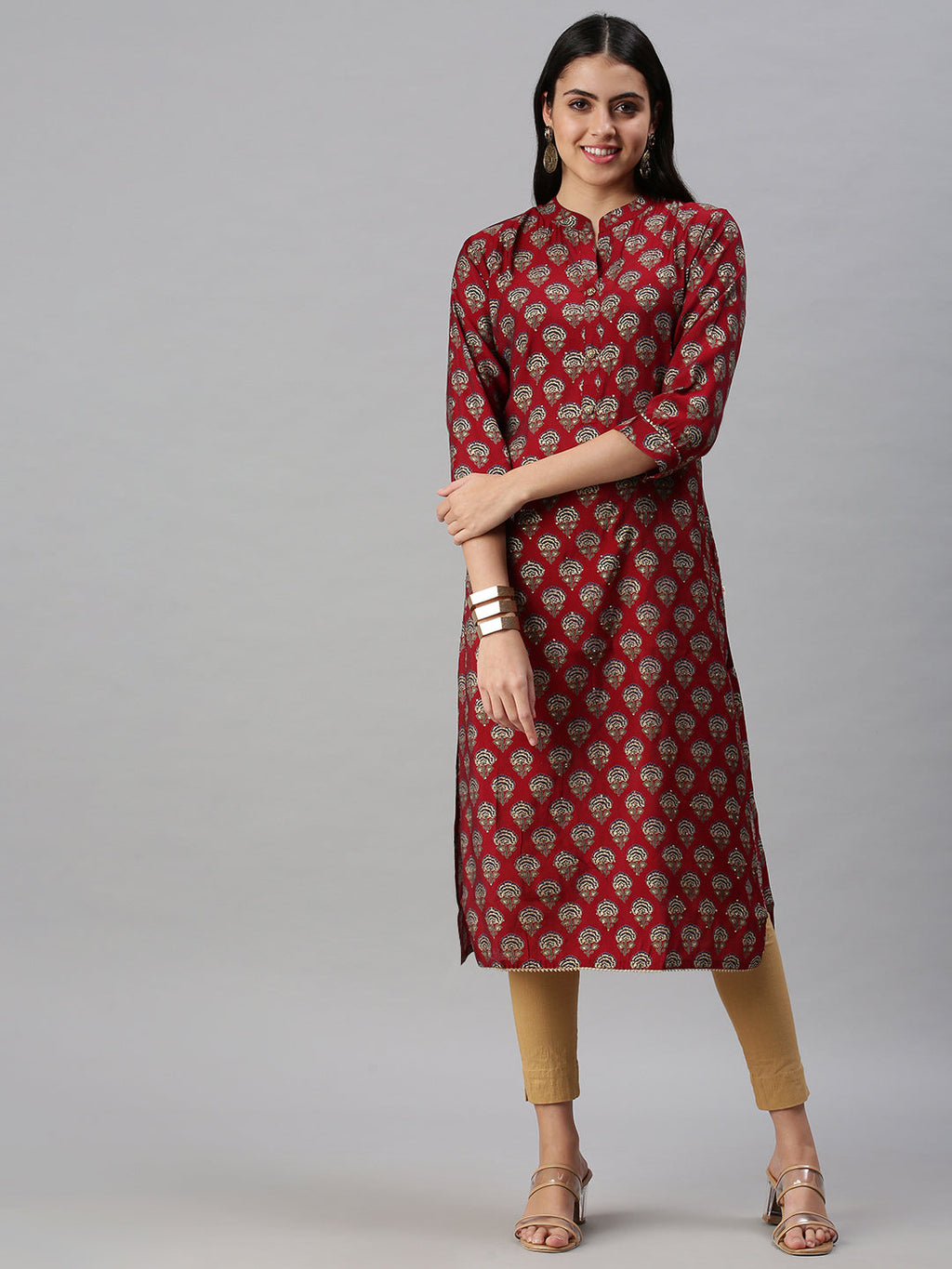 Women's Maroon Ethnic Motifs Cotton Printed Straight Kurta