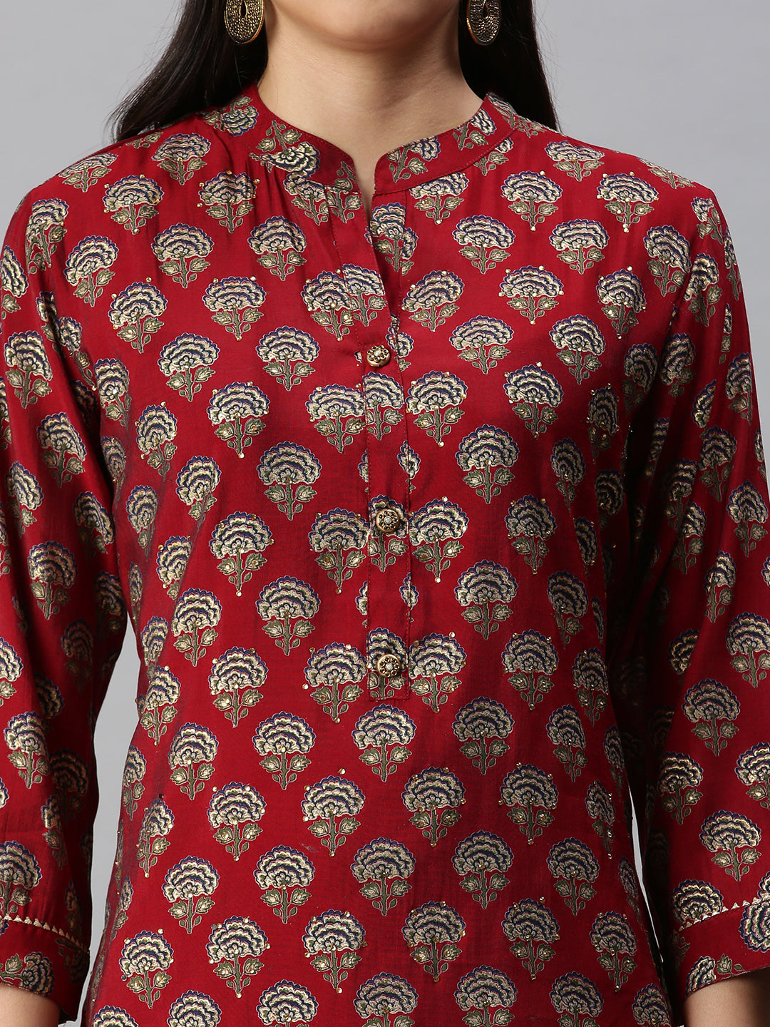 Women's Maroon Ethnic Motifs Cotton Printed Straight Kurta