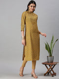Women's Mustard Ethnic Motifs Printed Straight Kurta