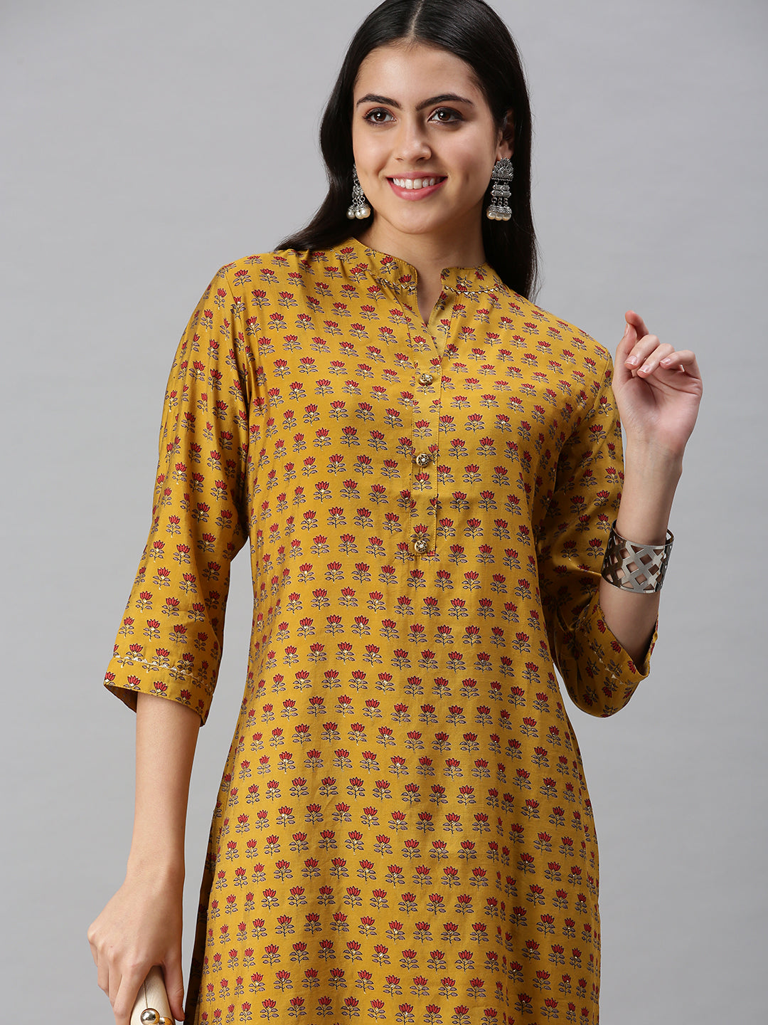 Women's Mustard Floral Printed Flared Sleeves Straight Kurta