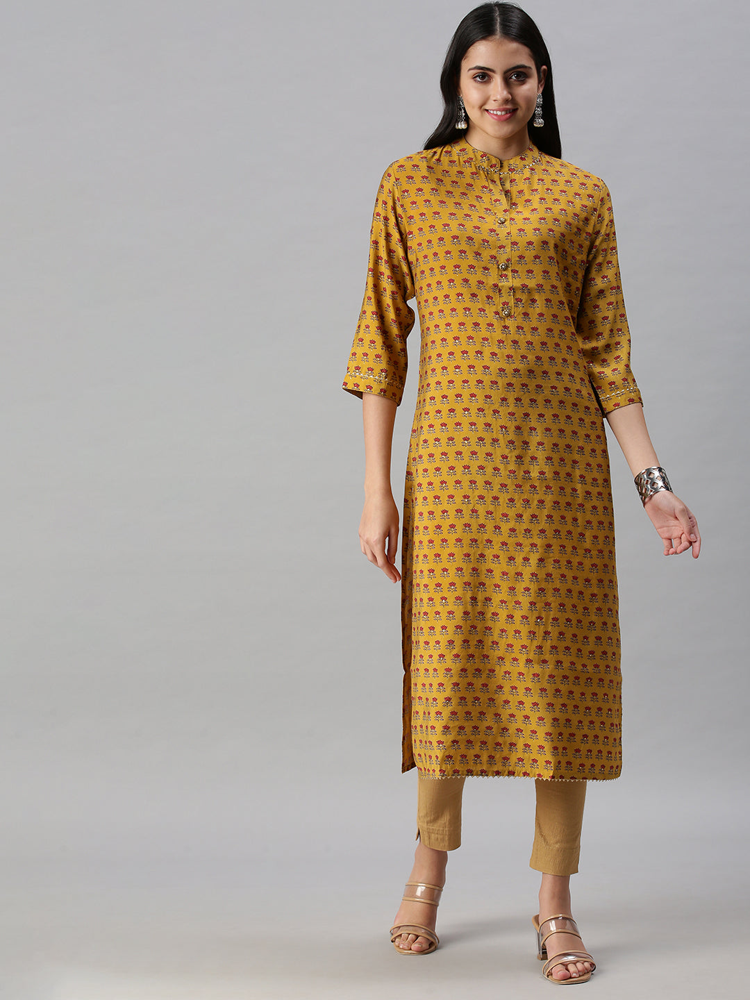 Women's Mustard Floral Printed Flared Sleeves Straight Kurta