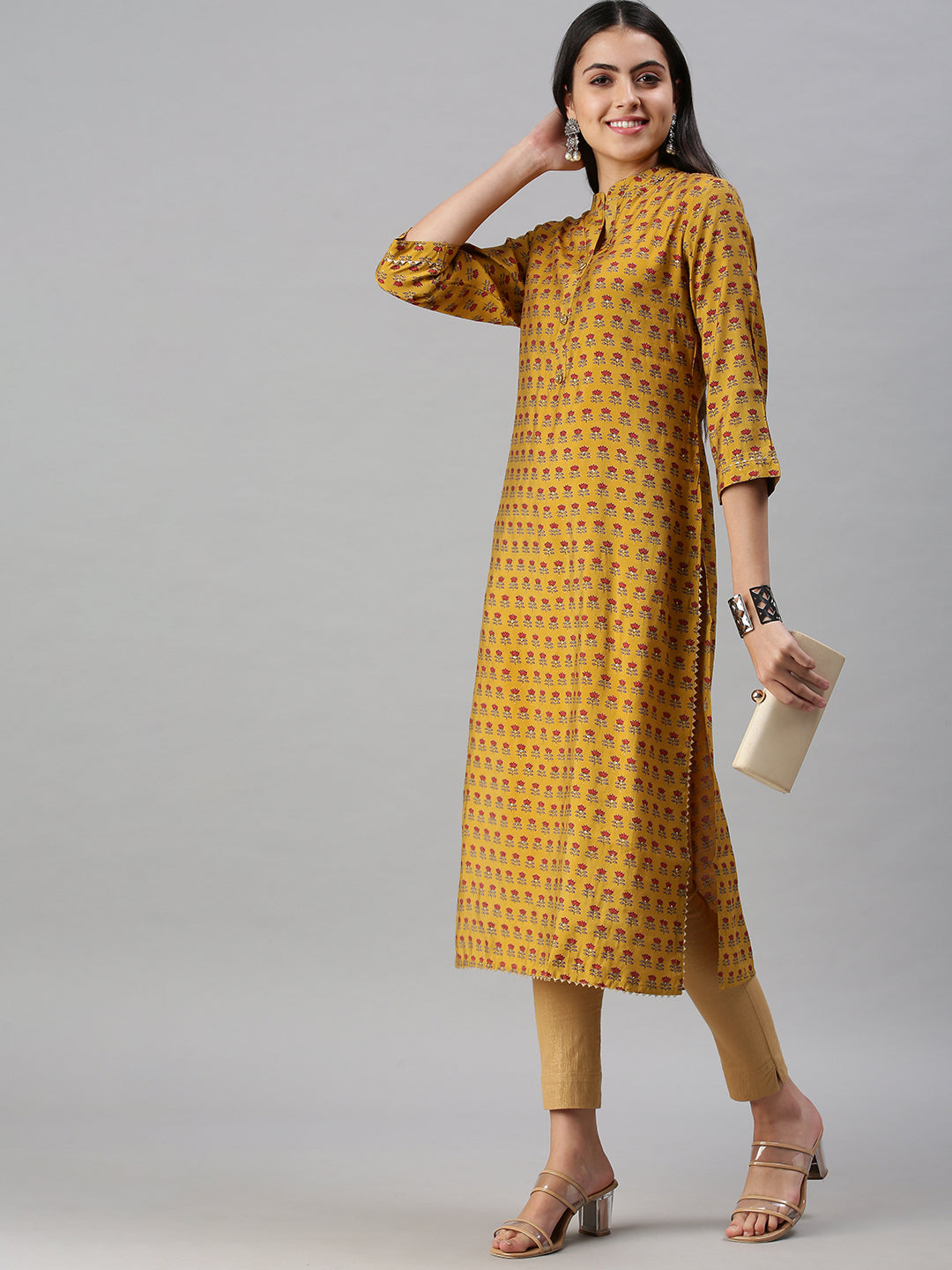 Women's Mustard Floral Printed Flared Sleeves Straight Kurta