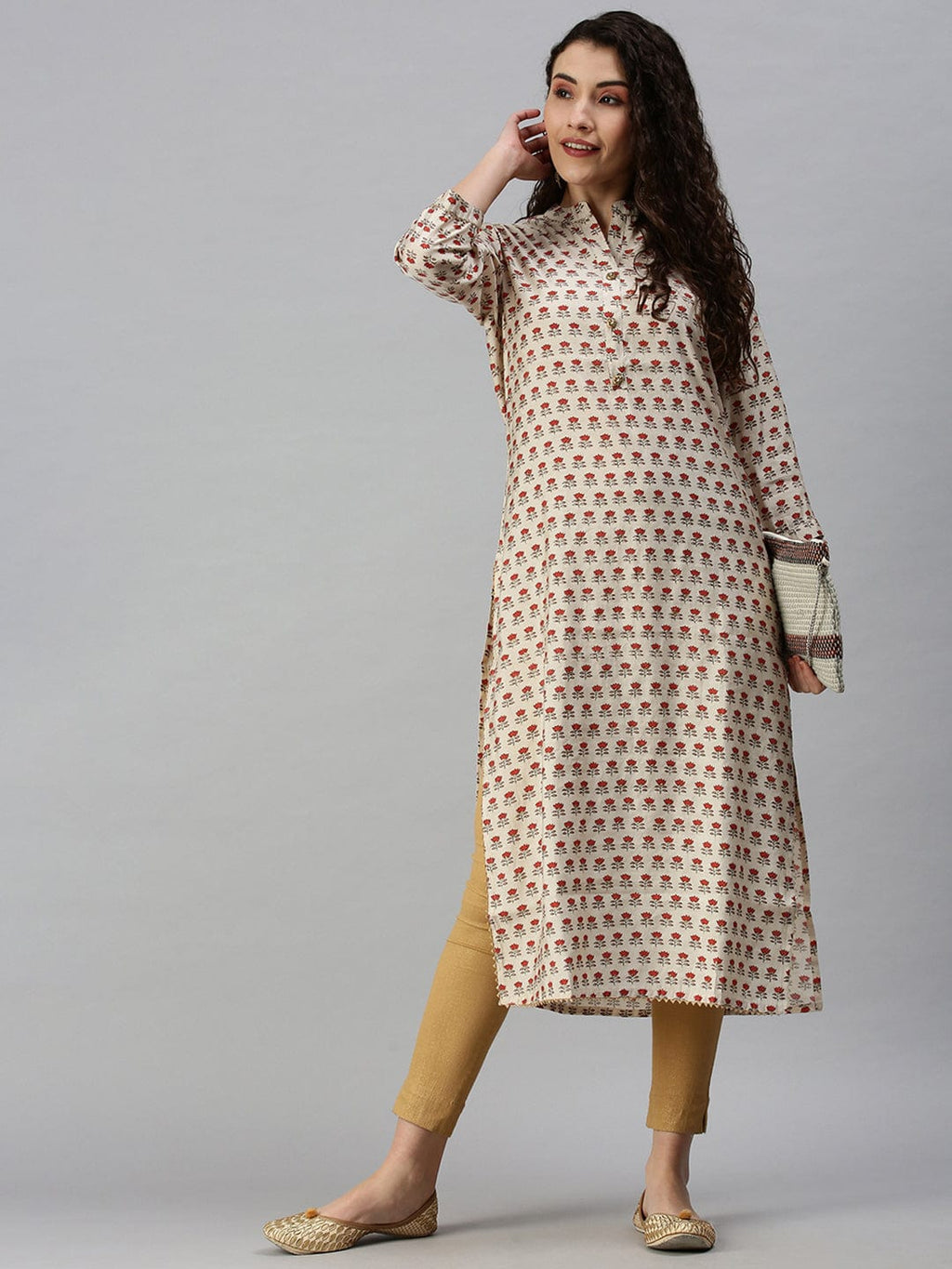 Women's Mandarin Collar Printed Cream Straight Kurta