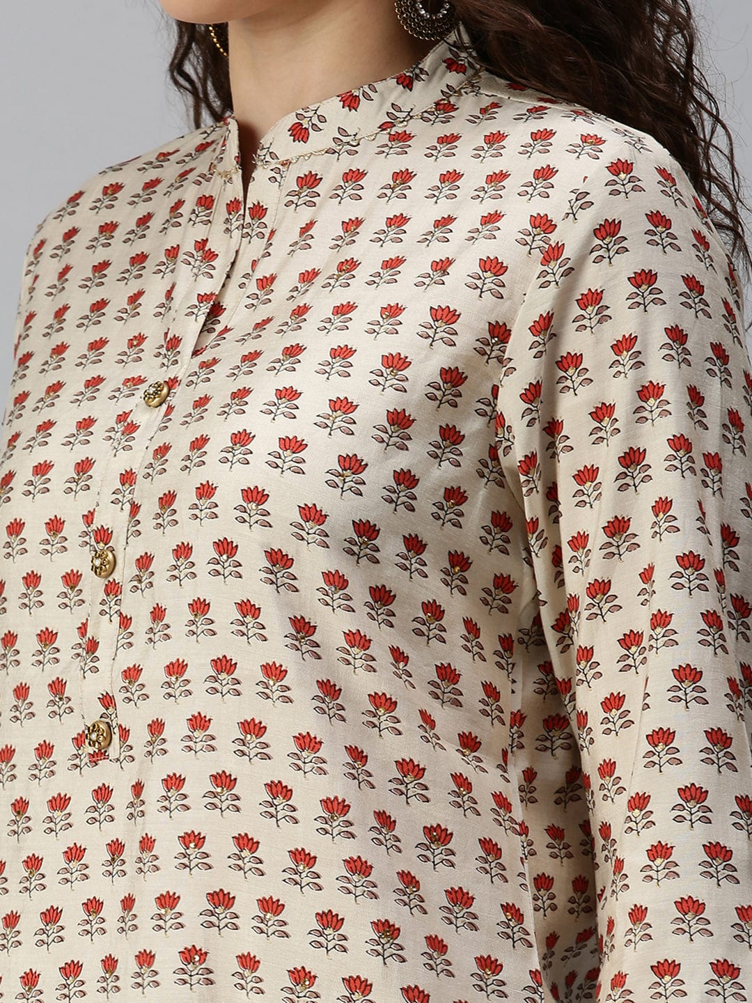 Women's Mandarin Collar Printed Cream Straight Kurta