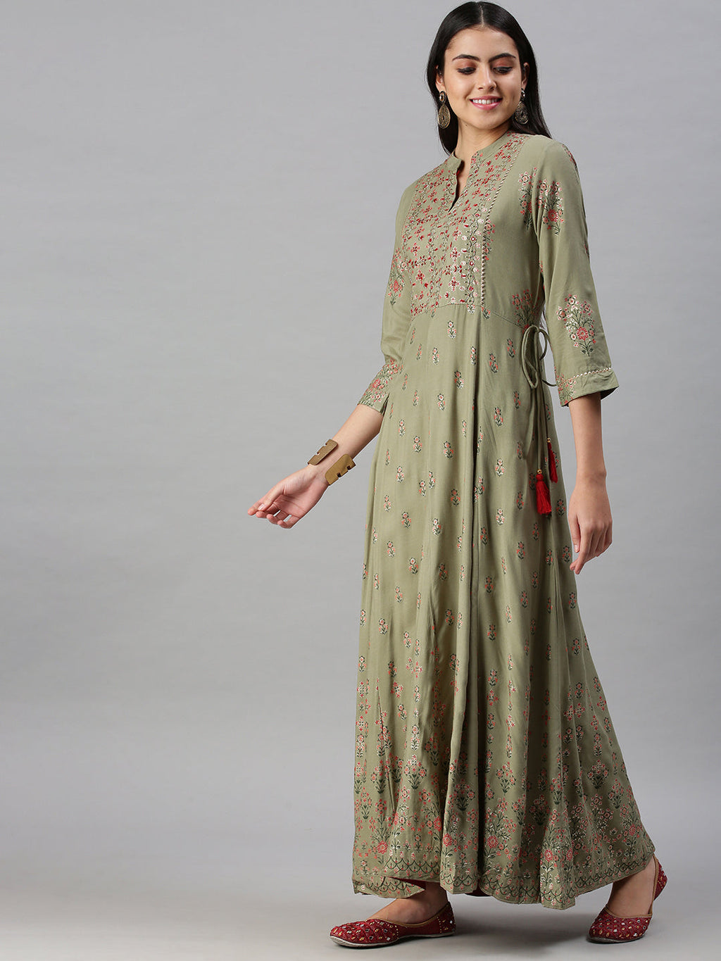 Women's Olive Floral Embroidered Flared Sleeves Anarkali Kurta