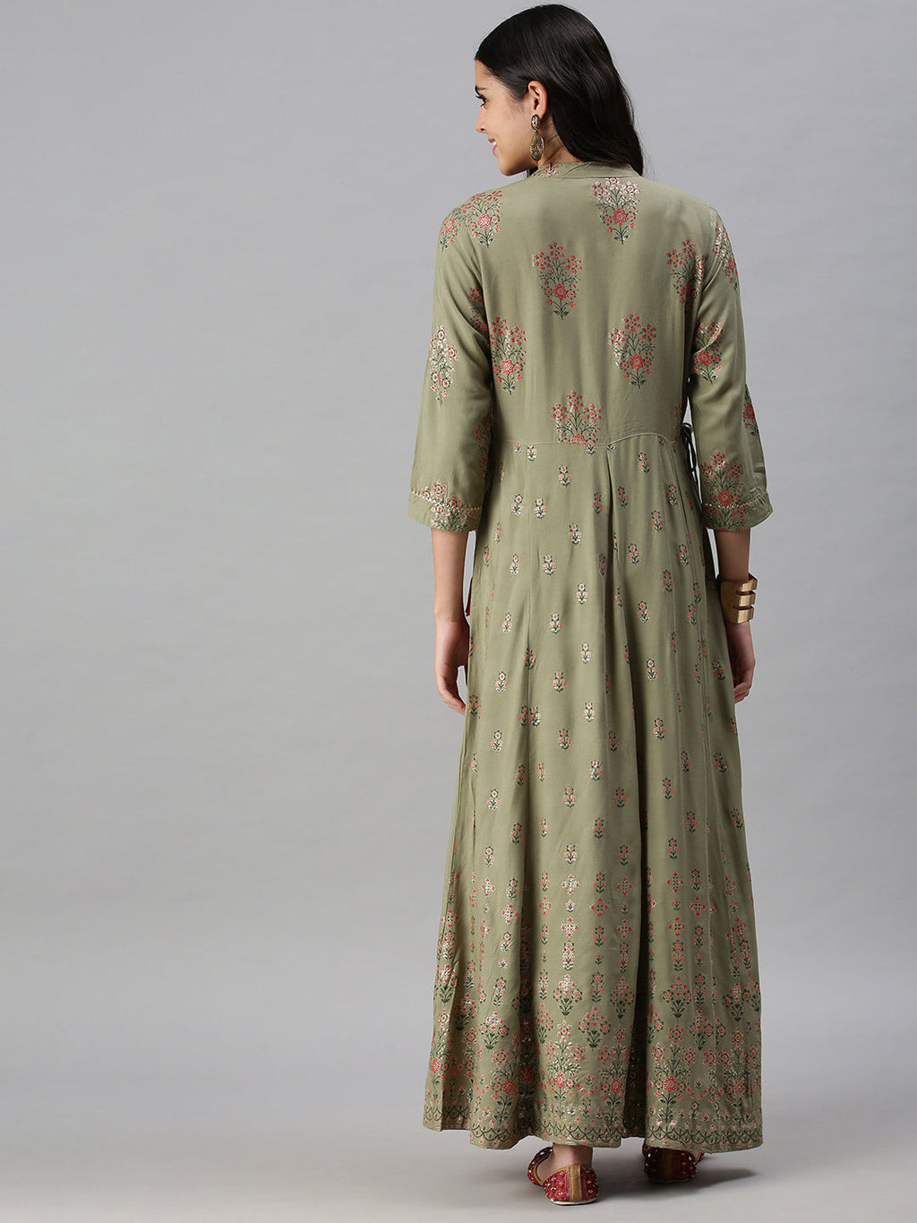 Women's Olive Floral Embroidered Flared Sleeves Anarkali Kurta