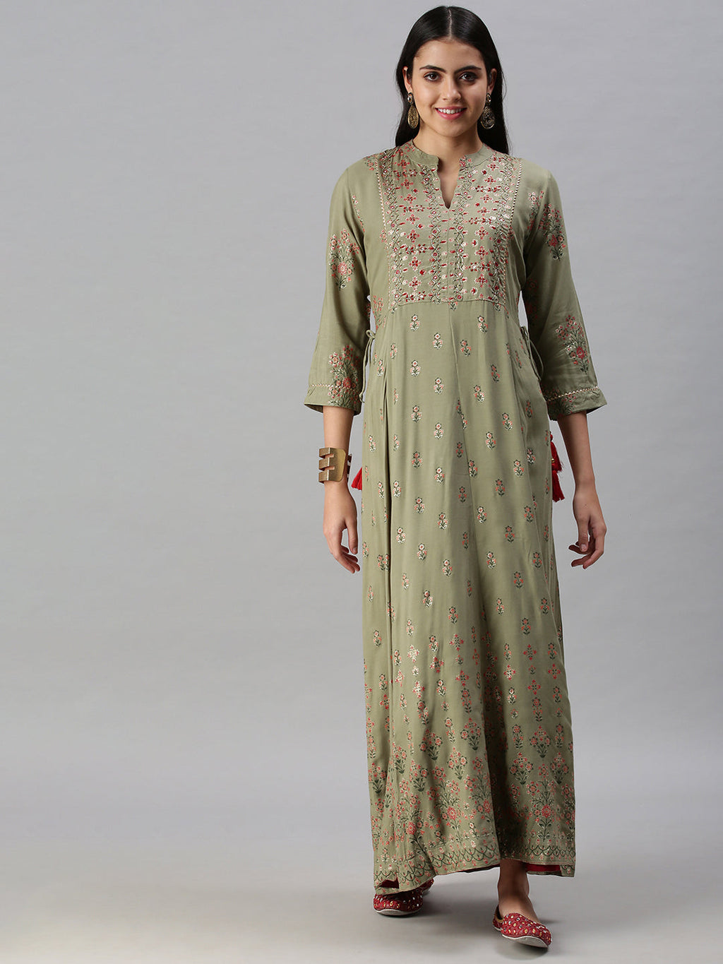 Women's Olive Floral Embroidered Flared Sleeves Anarkali Kurta