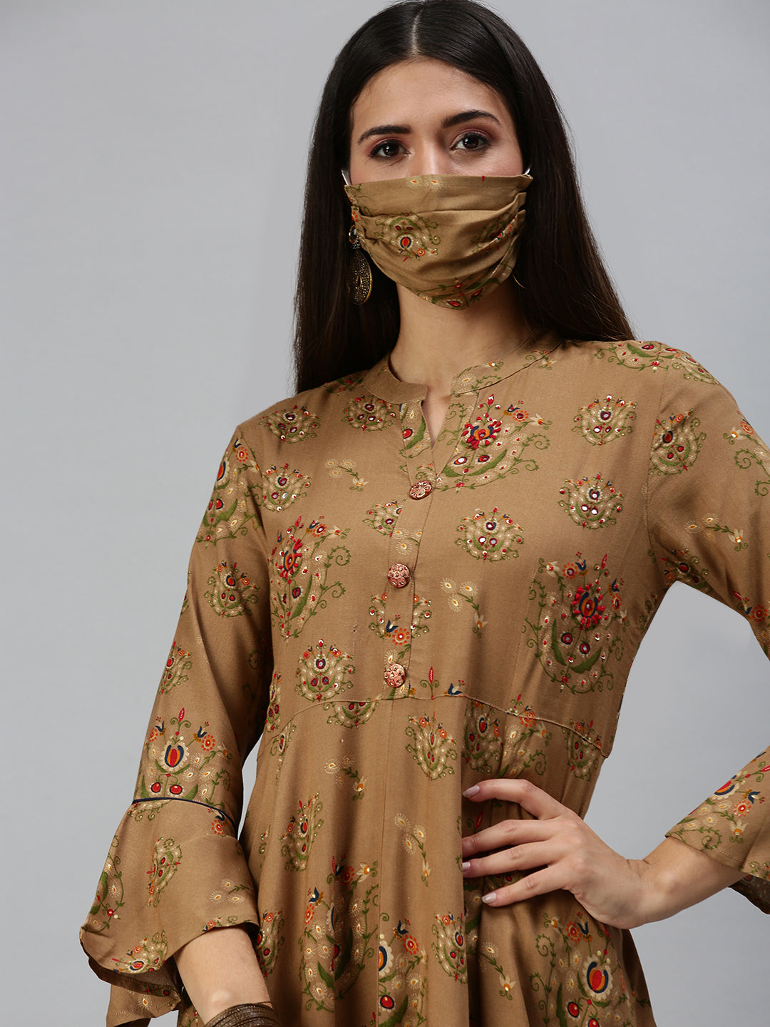 Women's Brown Foil Printed Bell Sleeves Thread Work Cotton Anarkali Kurta