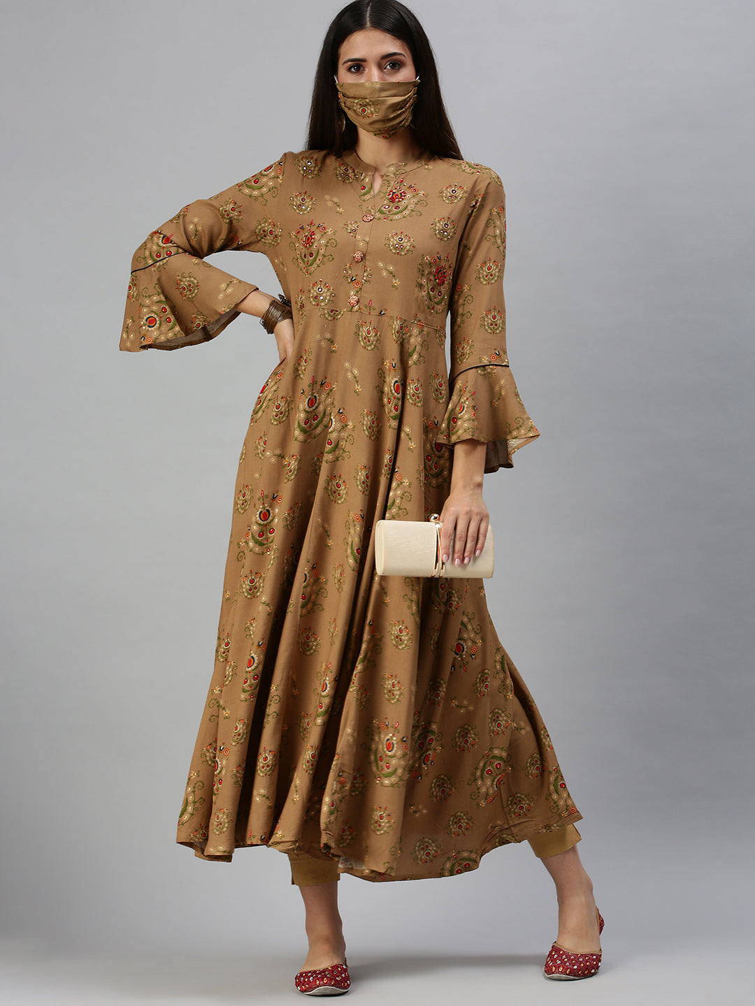 Women's Brown Foil Printed Bell Sleeves Thread Work Cotton Anarkali Kurta