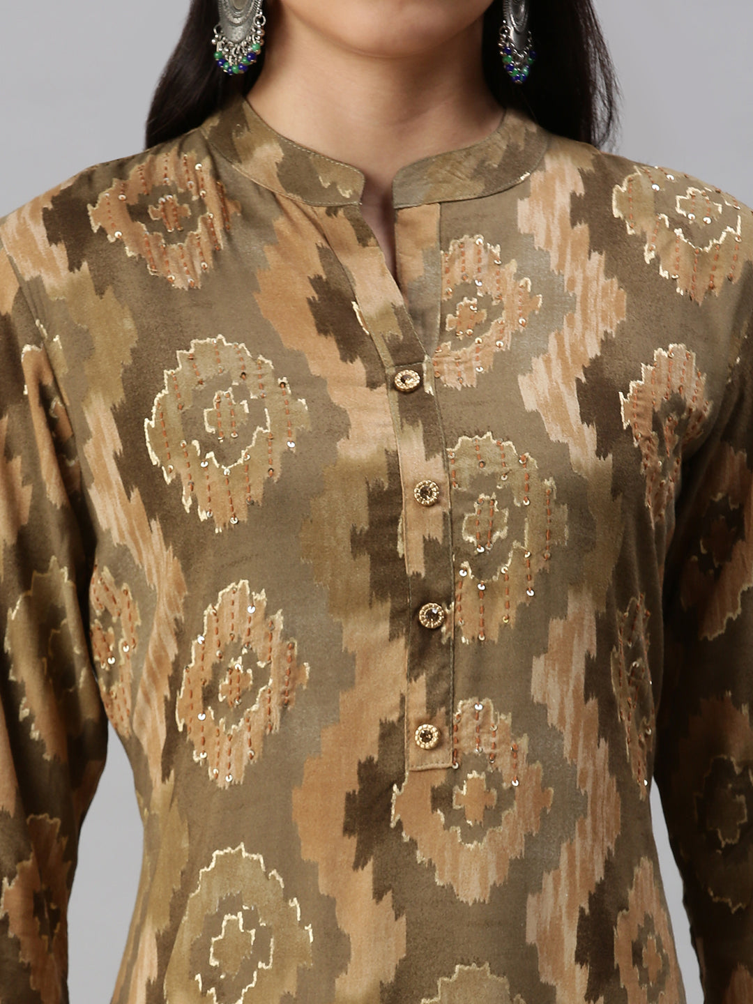 Women's Olive Geometric Printed Keyhole Neck Straight Kurta