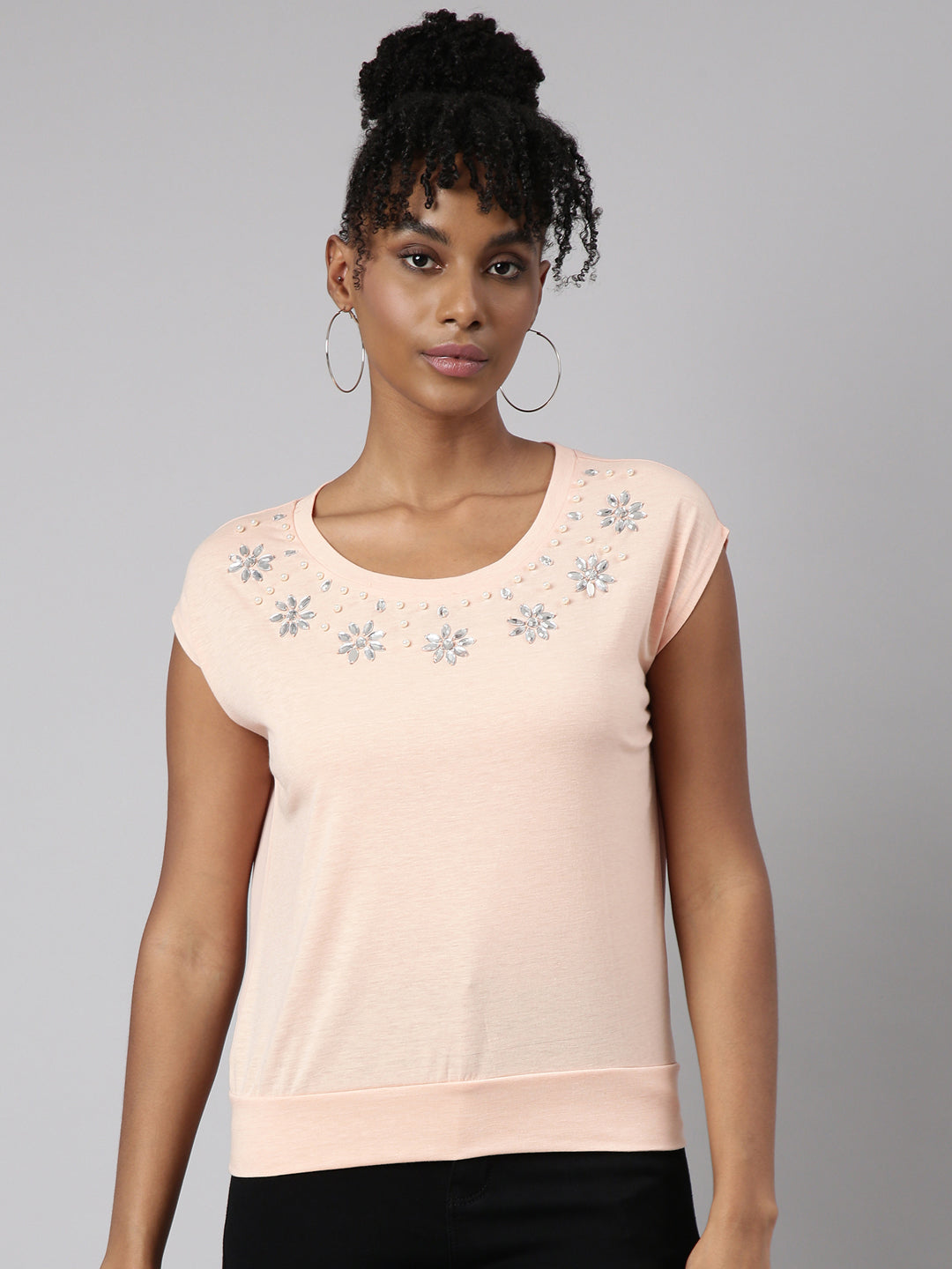 Women's Peach Embellished Round Neck Studded Top