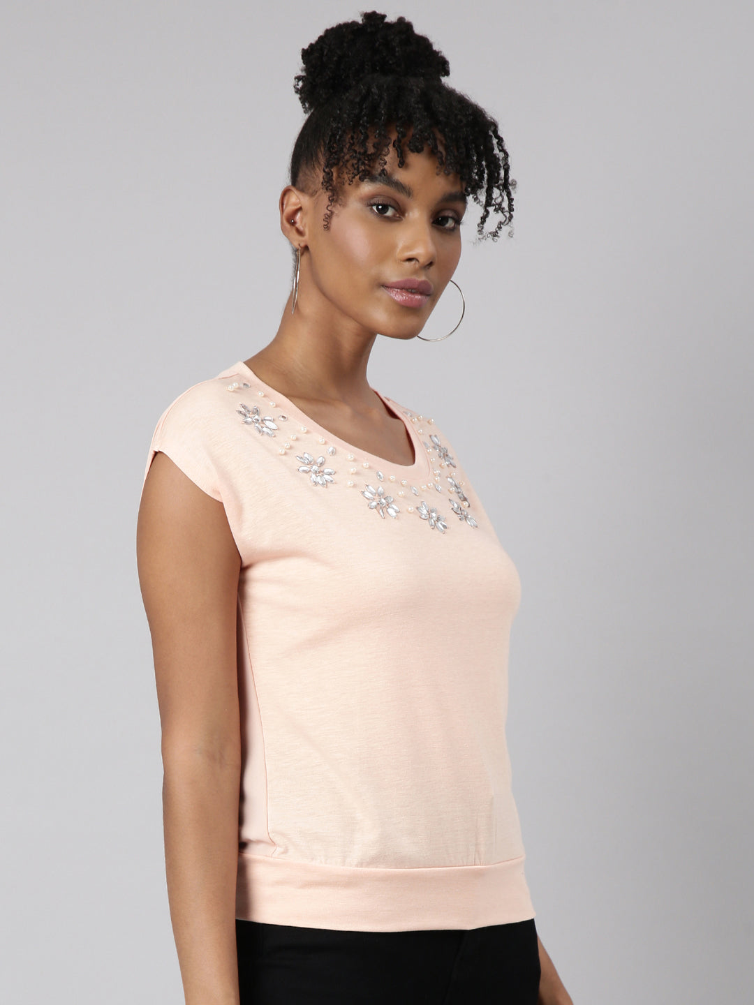 Women's Peach Embellished Round Neck Studded Top