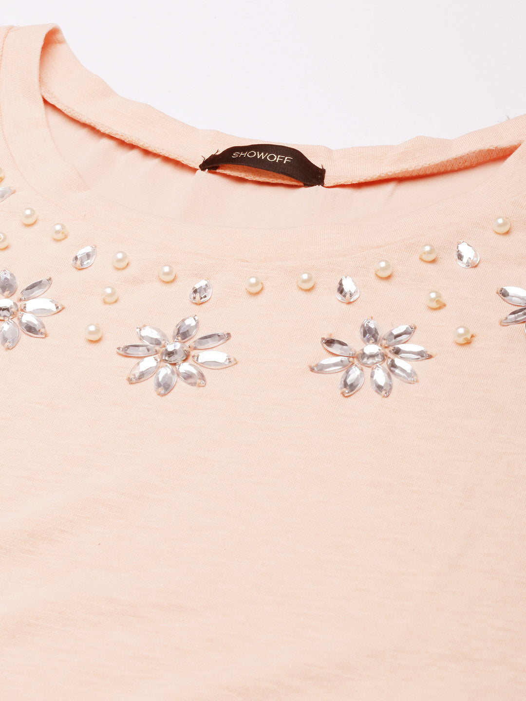 Women's Peach Embellished Round Neck Studded Top