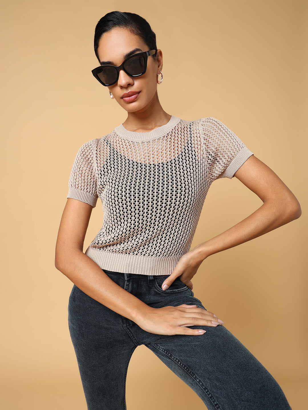 Women's Beige Self Design Round Neck Acrylic Top