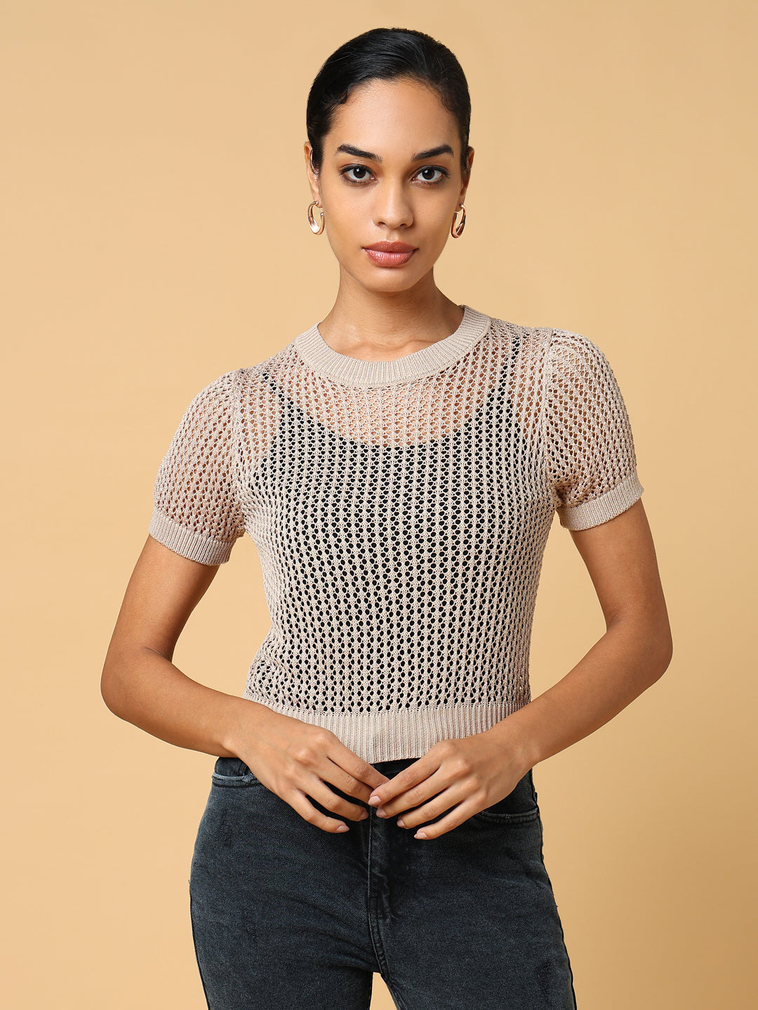 Women's Beige Self Design Round Neck Acrylic Top