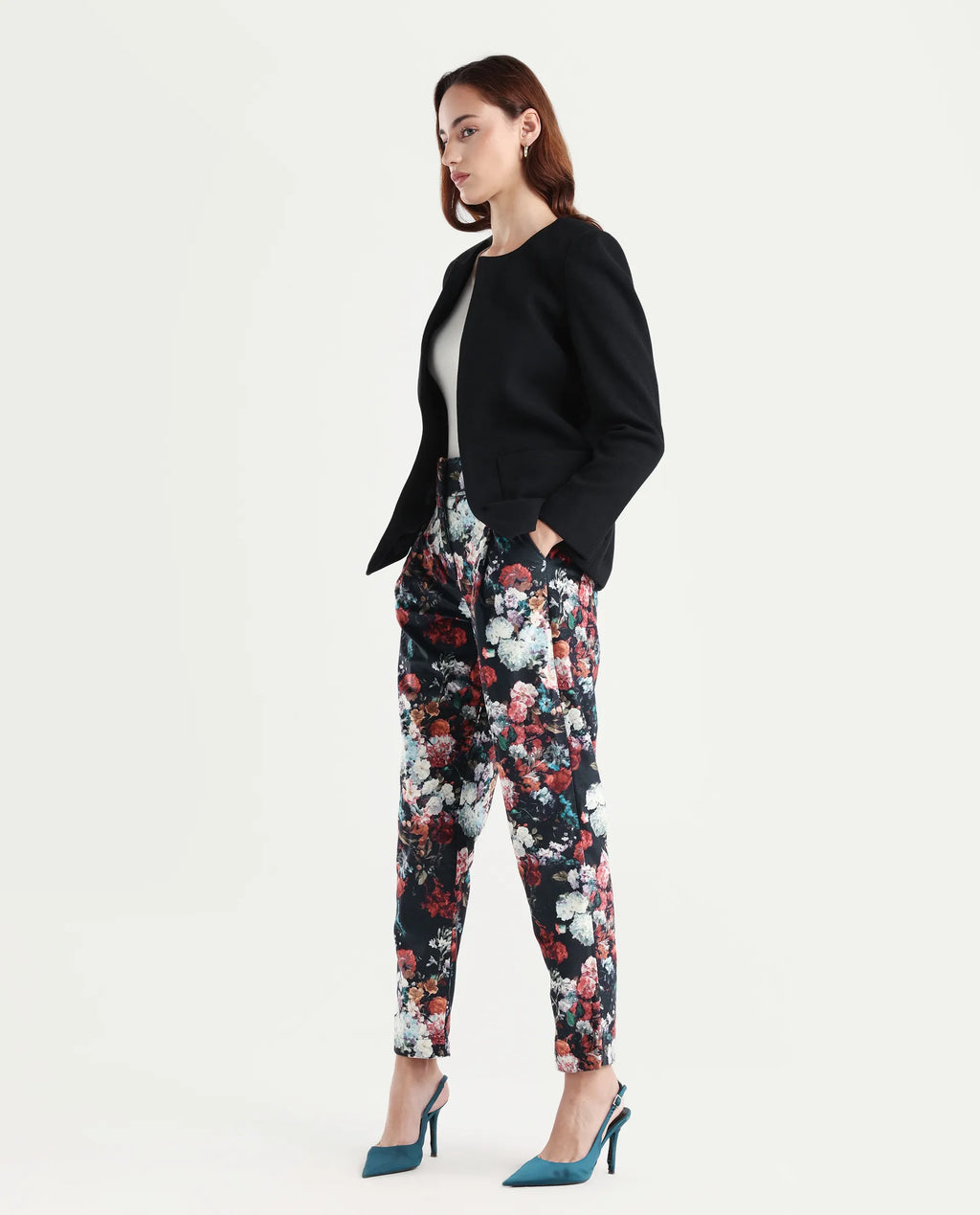 Rareism Women's Bellot Black Velvet Floral Print Ankle Length Slim Fit Trouser