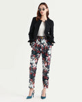 Rareism Women's Bellot Black Velvet Floral Print Ankle Length Slim Fit Trouser