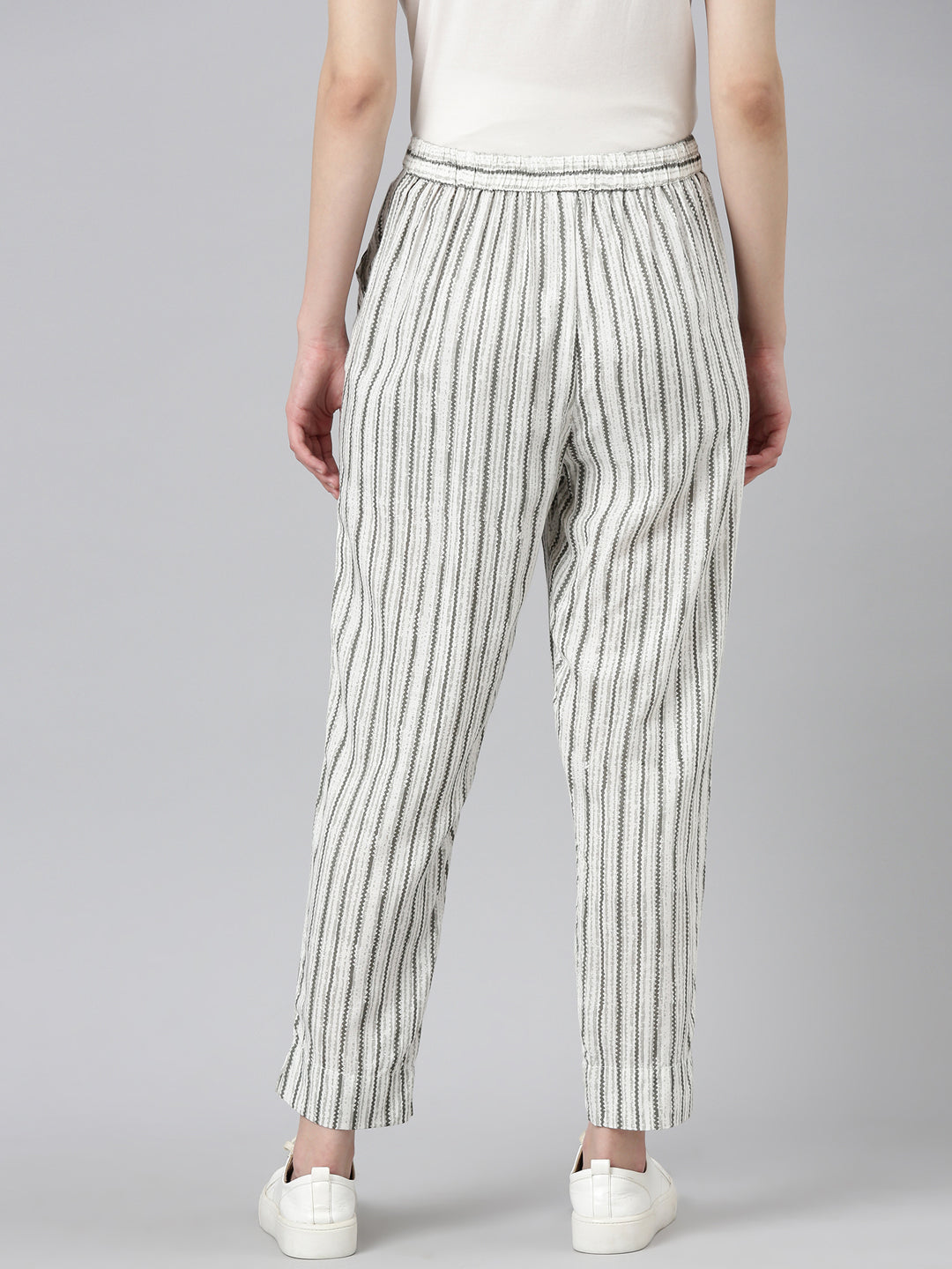 Women's White Striped High-Rise Cotton Trousers