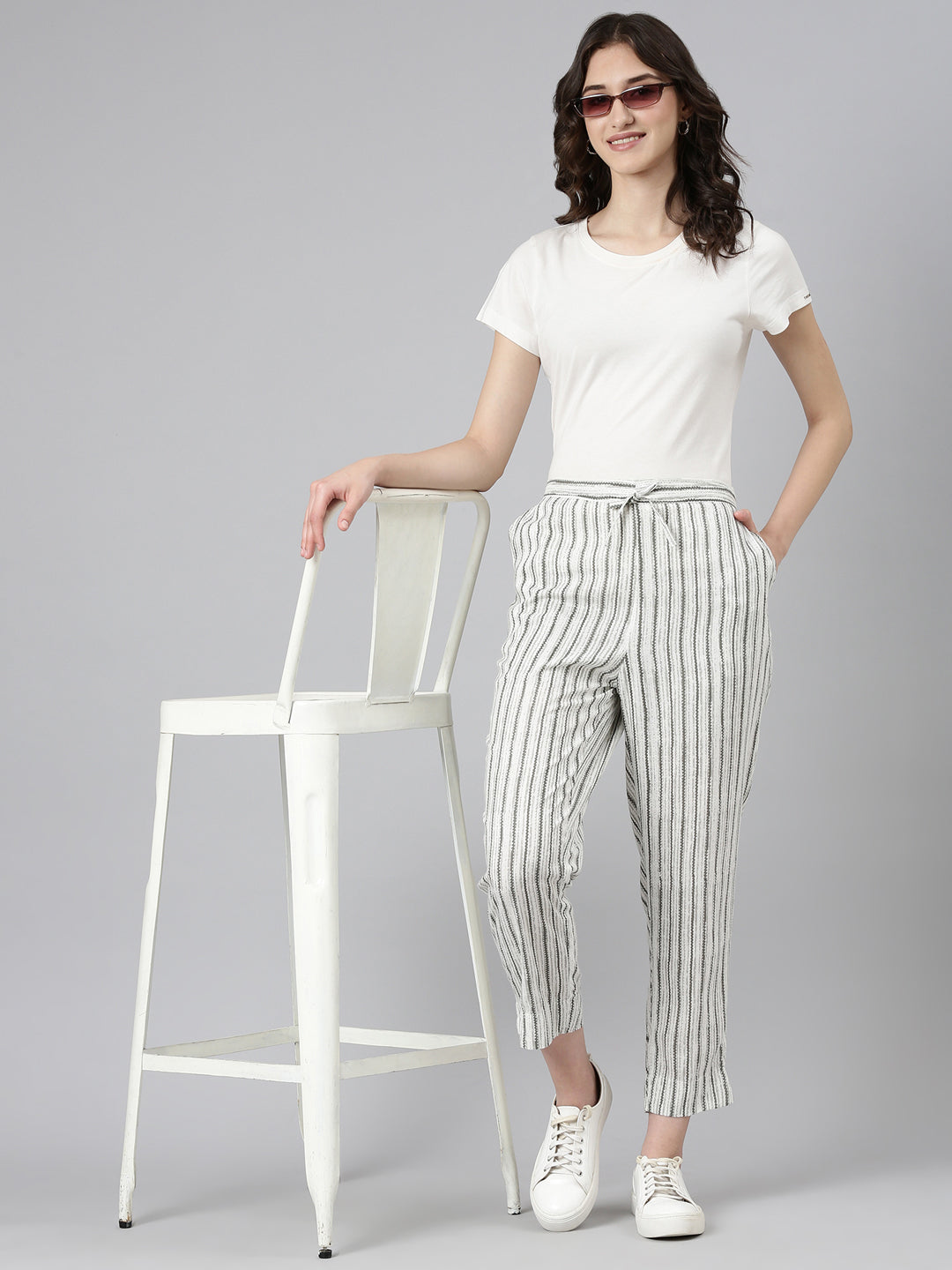 Women's White Striped High-Rise Cotton Trousers