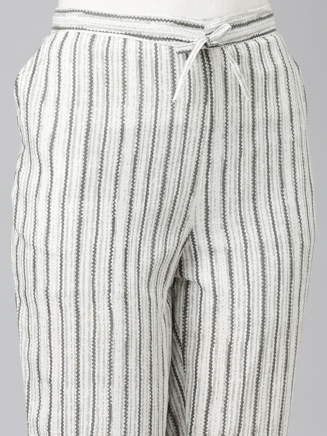 Women's White Striped High-Rise Cotton Trousers