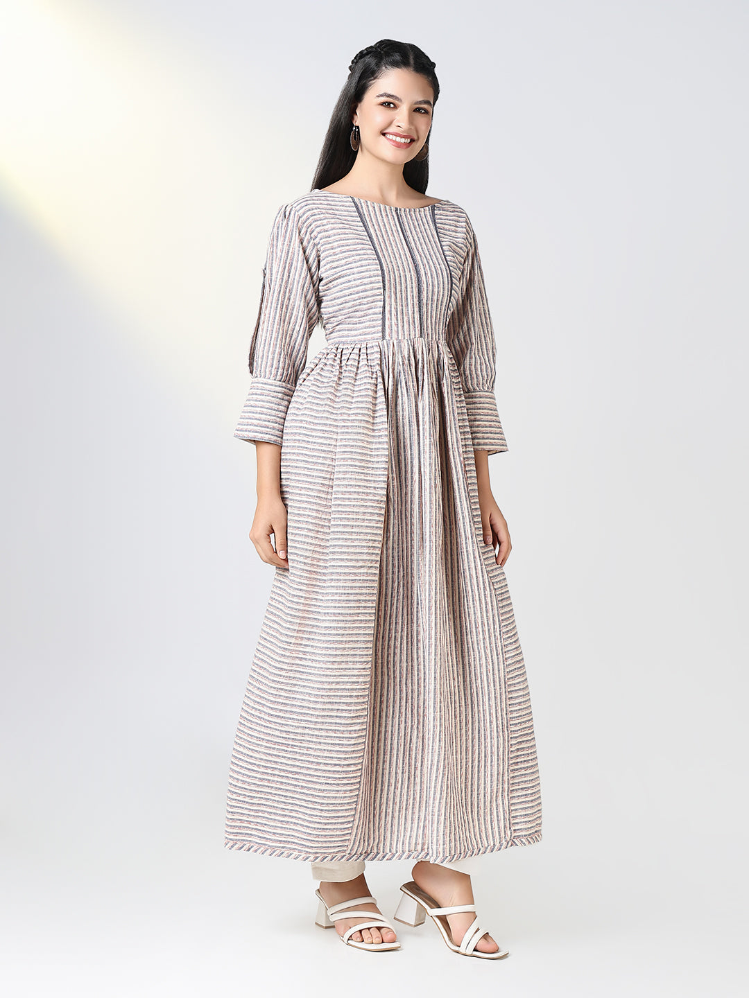 Women's Grey Striped Anarkali Kurta