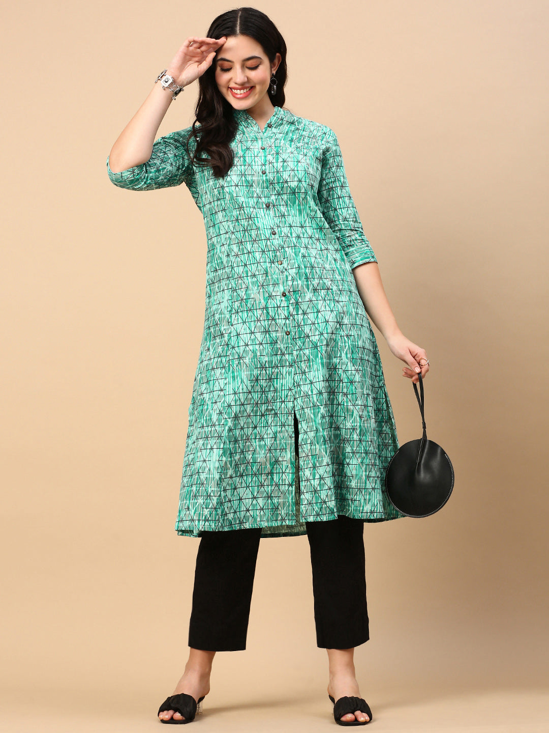 Women's Turquoise Blue Geometric A Line Kurta
