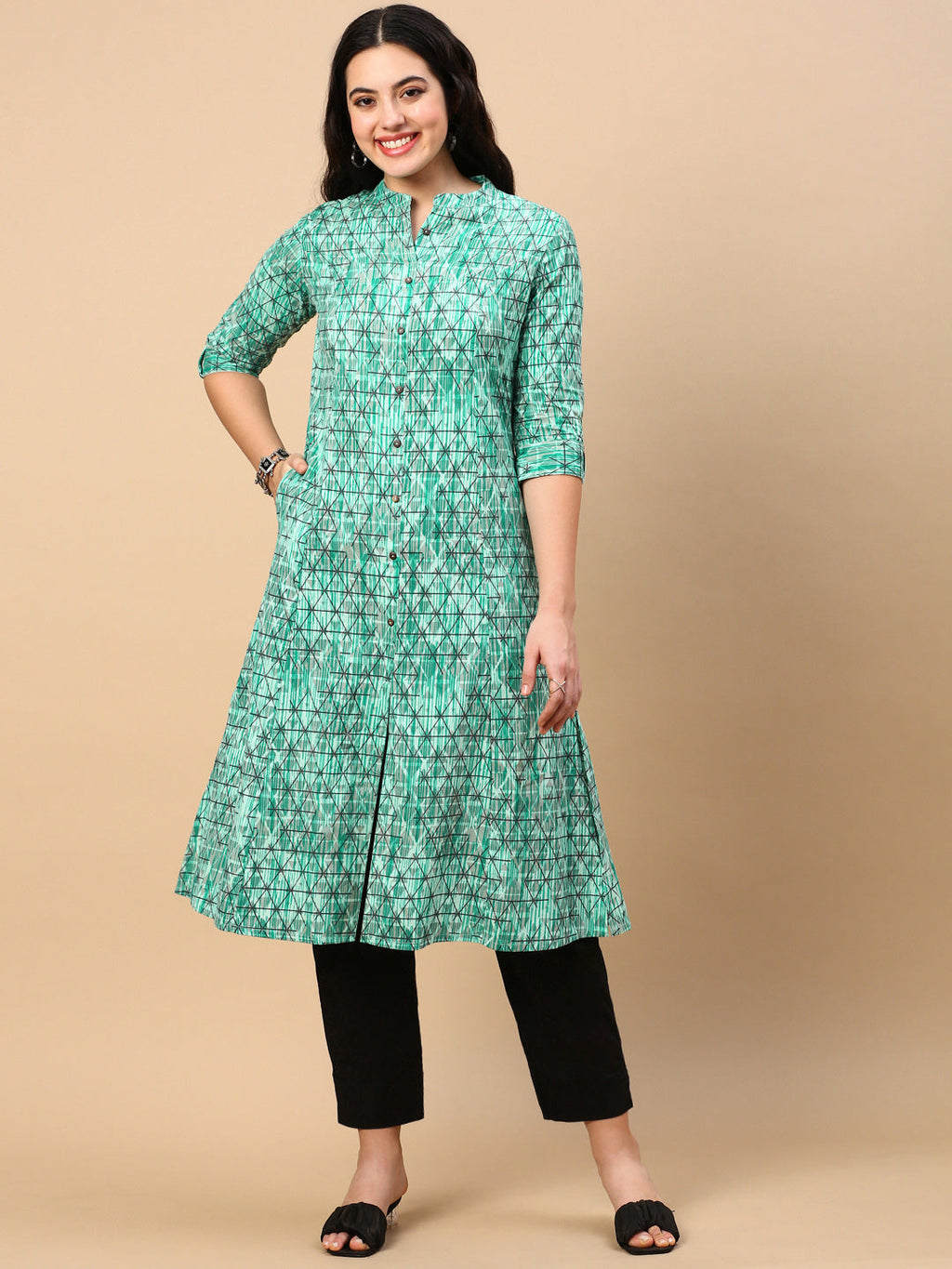Women's Turquoise Blue Geometric A Line Kurta