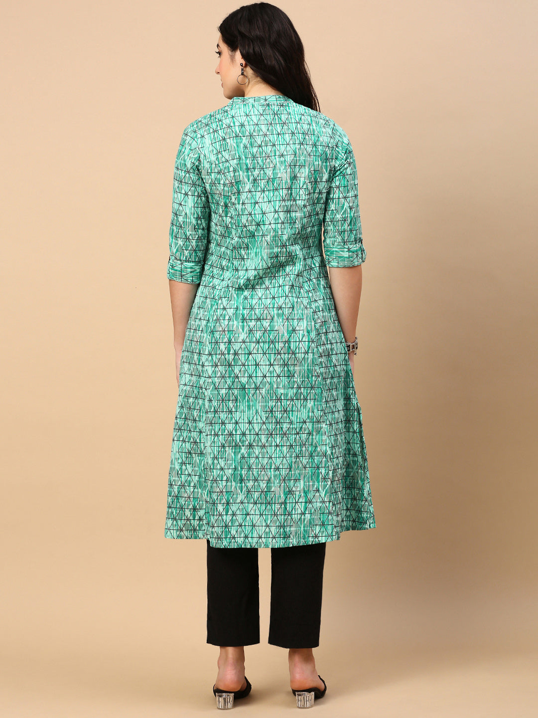 Women's Turquoise Blue Geometric A Line Kurta