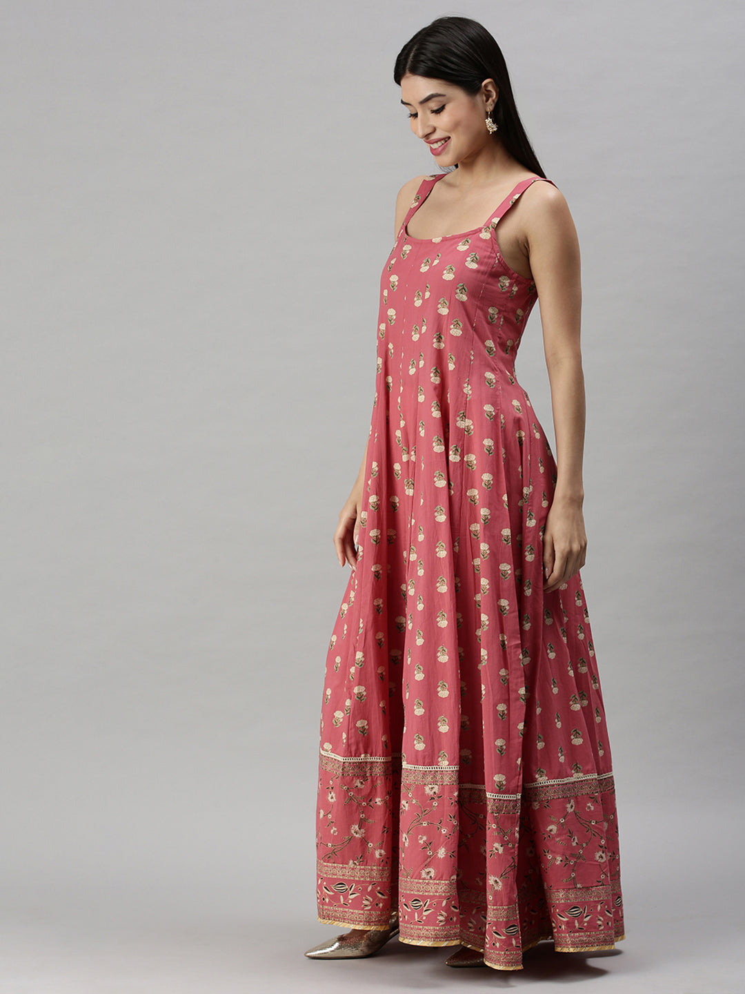 Women's Pink & Off White Floral Gotta Patti Anarkali Kurta with Jacket