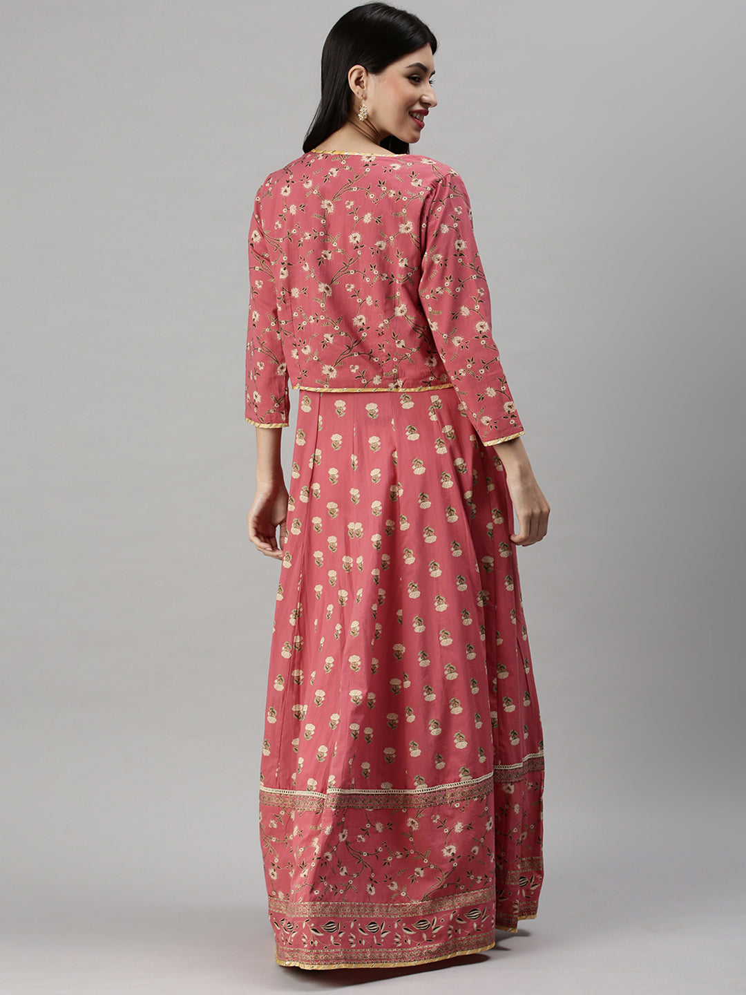 Women's Pink & Off White Floral Gotta Patti Anarkali Kurta with Jacket