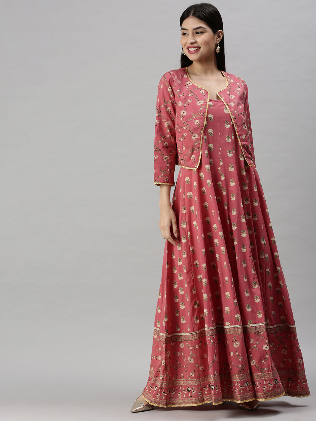Women's Pink & Off White Floral Gotta Patti Anarkali Kurta with Jacket