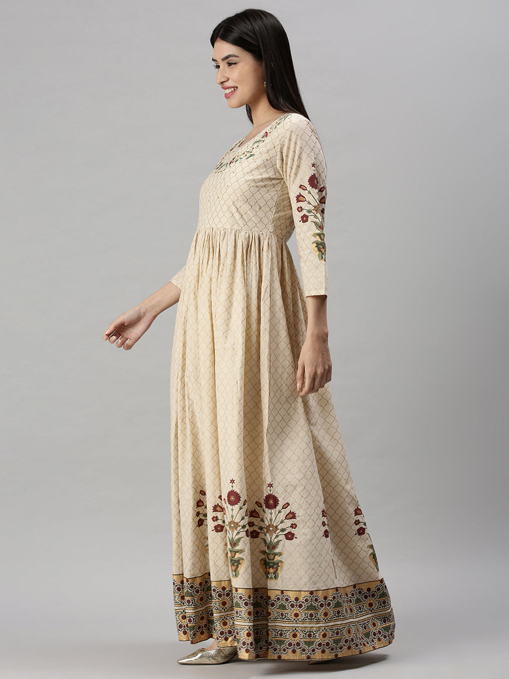 Women's Beige Floral Printed Anarkali Kurta