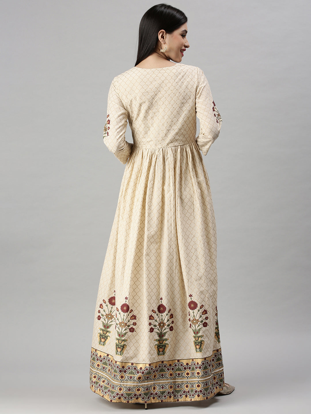 Women's Beige Floral Printed Anarkali Kurta