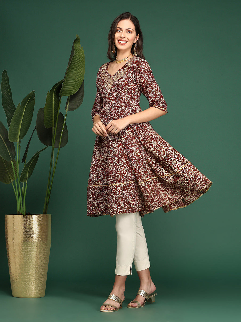 Women's Maroon Ethnic Printed A-Line Kurta