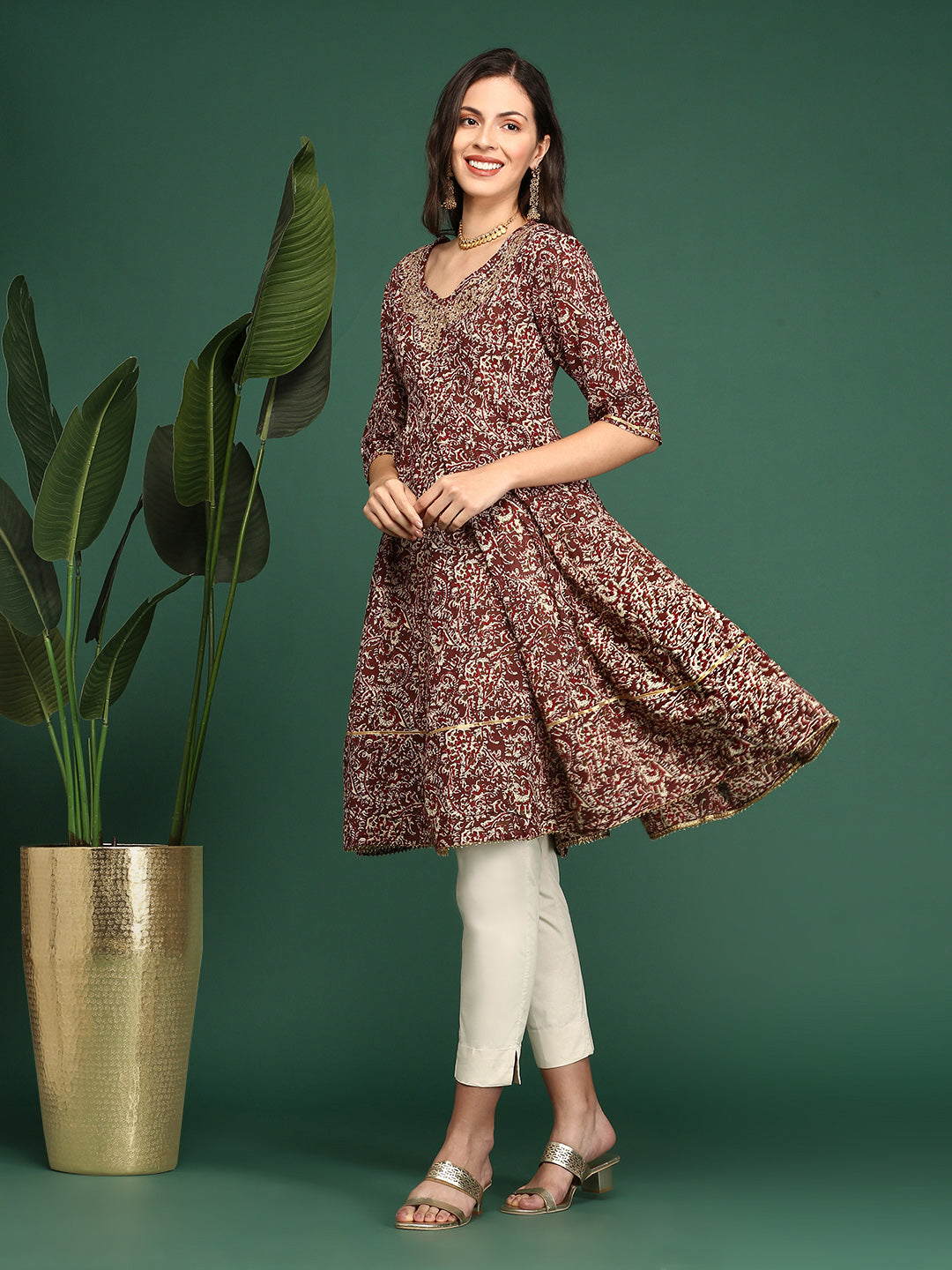 Women's Maroon Ethnic Printed A-Line Kurta