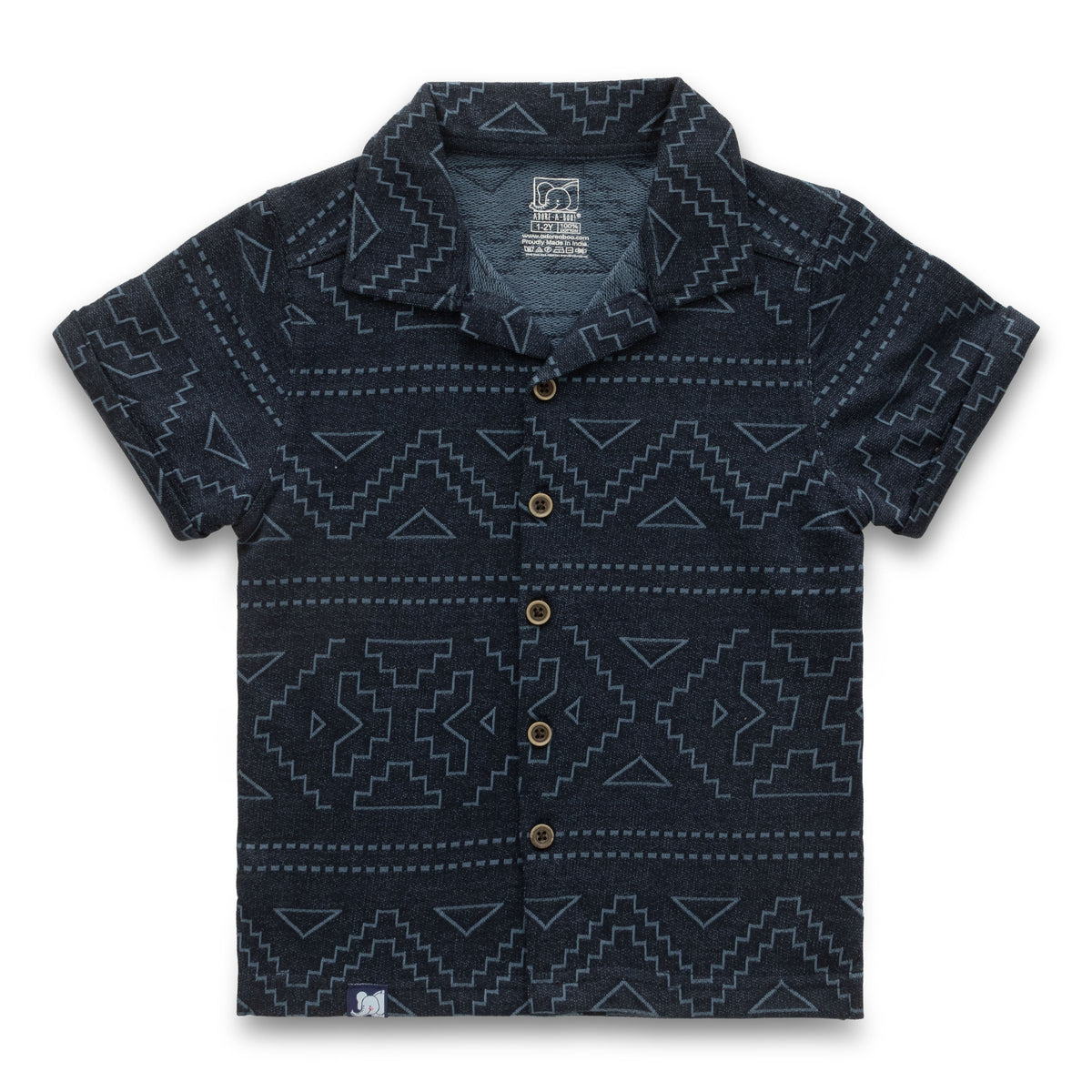 Geometrical Designed Navy Blue Boys Shirt & Shorts Set