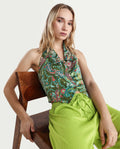 Rareism Women's Camder Multi Velvet Halter Neck Paisley Print Sleeveless Crop Polyester Waist Coat
