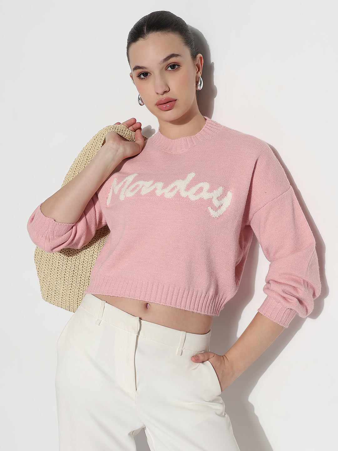 Women's Typography Pink Knitted Crew Neck Crop Top