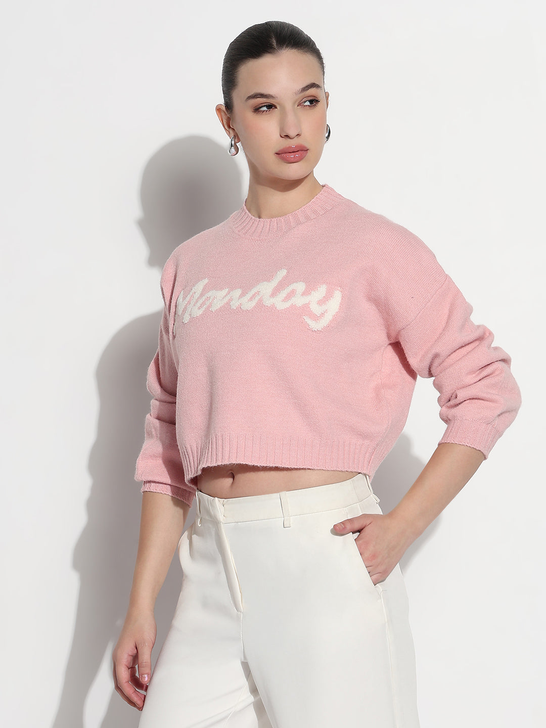 Women's Typography Pink Knitted Crew Neck Crop Top