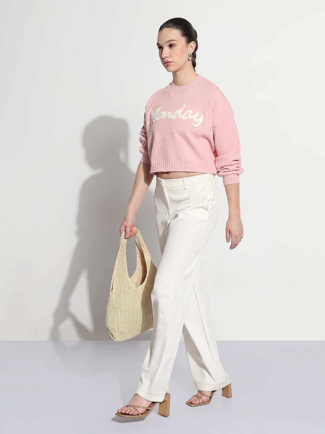 Women's Typography Pink Knitted Crew Neck Crop Top