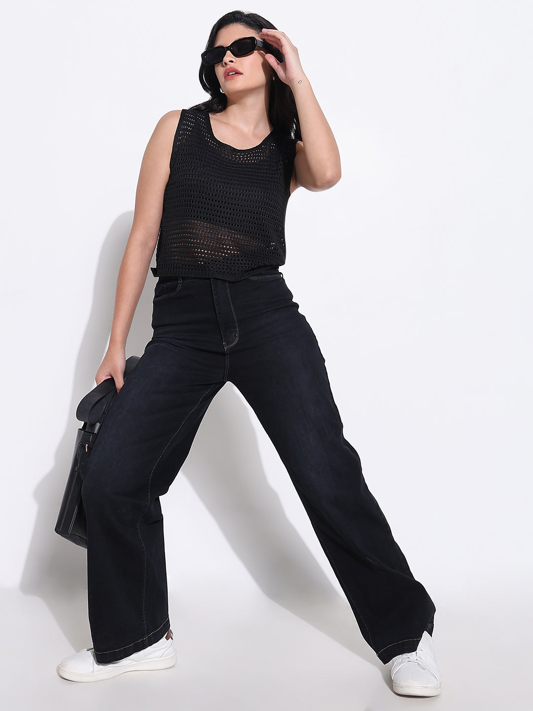 Women's Black Sleeveless Crochet Top