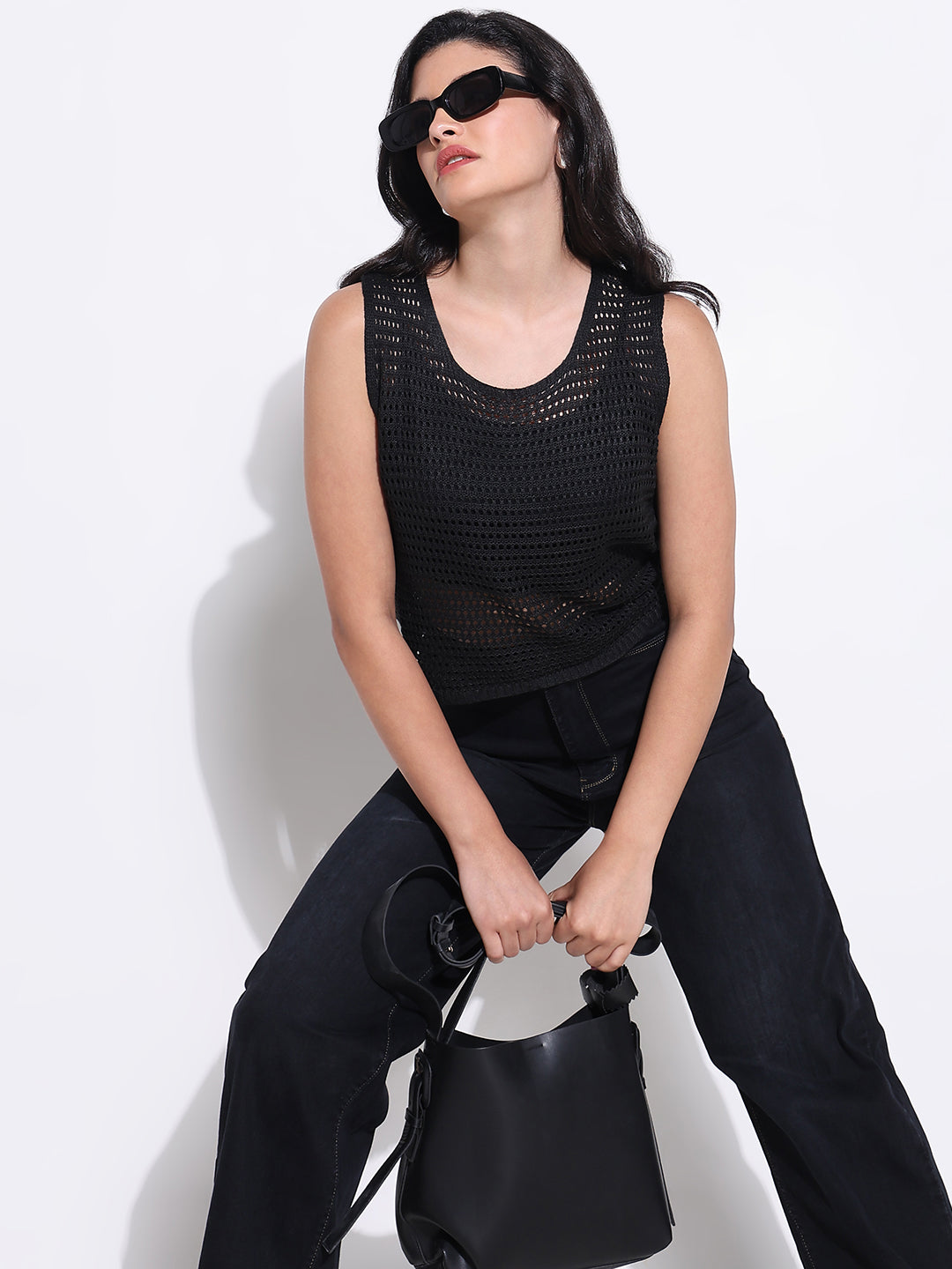 Women's Black Sleeveless Crochet Top