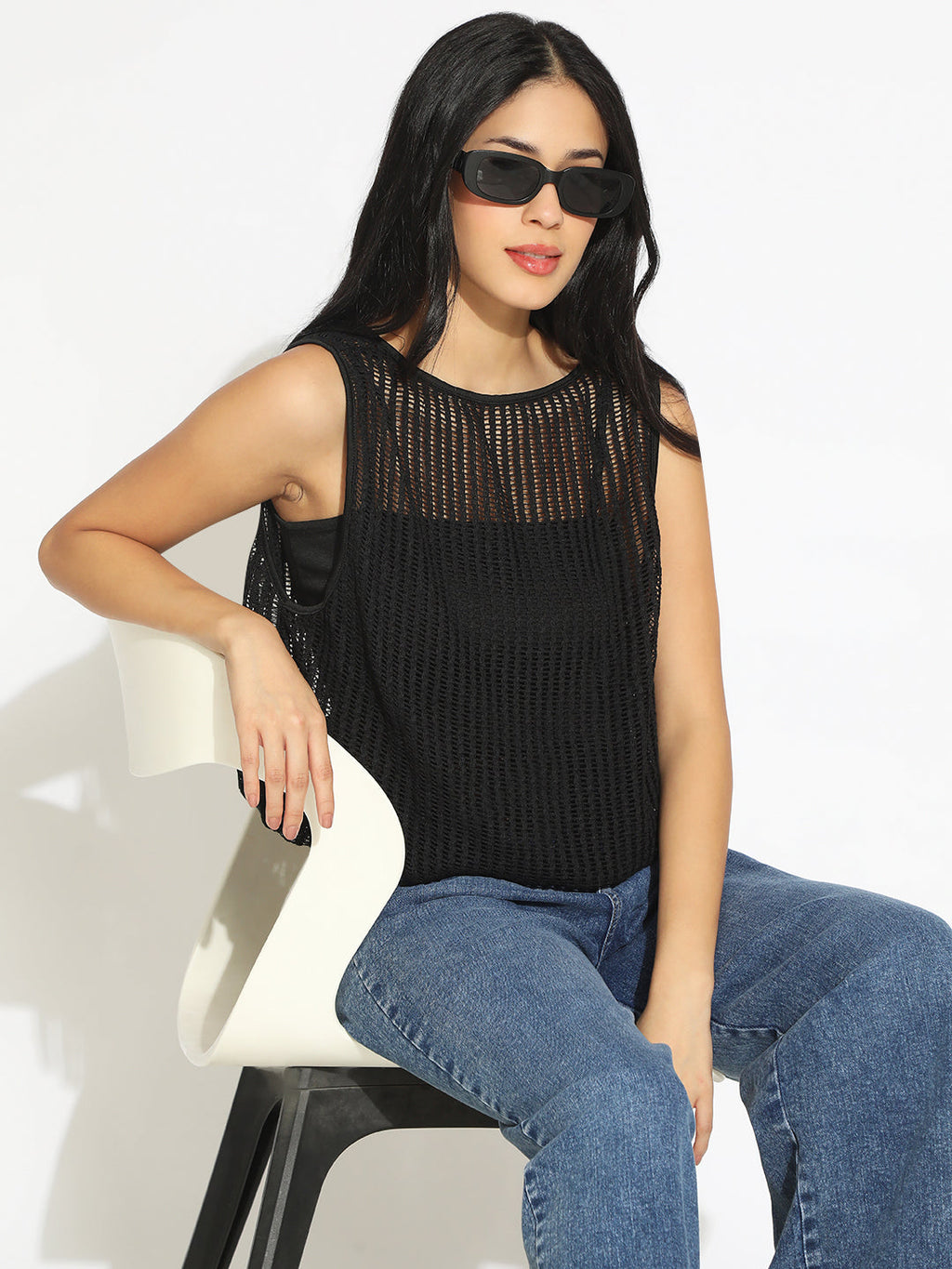 Women's Black Crochet Top with Attached Inner