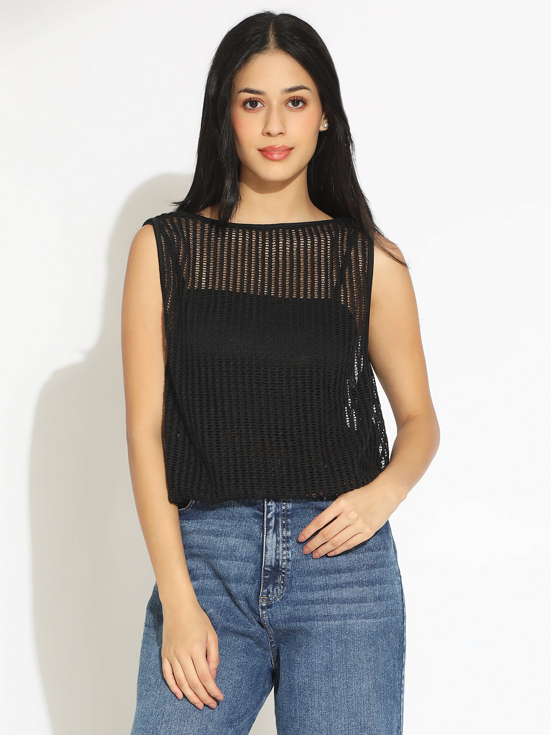 Women's Black Crochet Top with Attached Inner